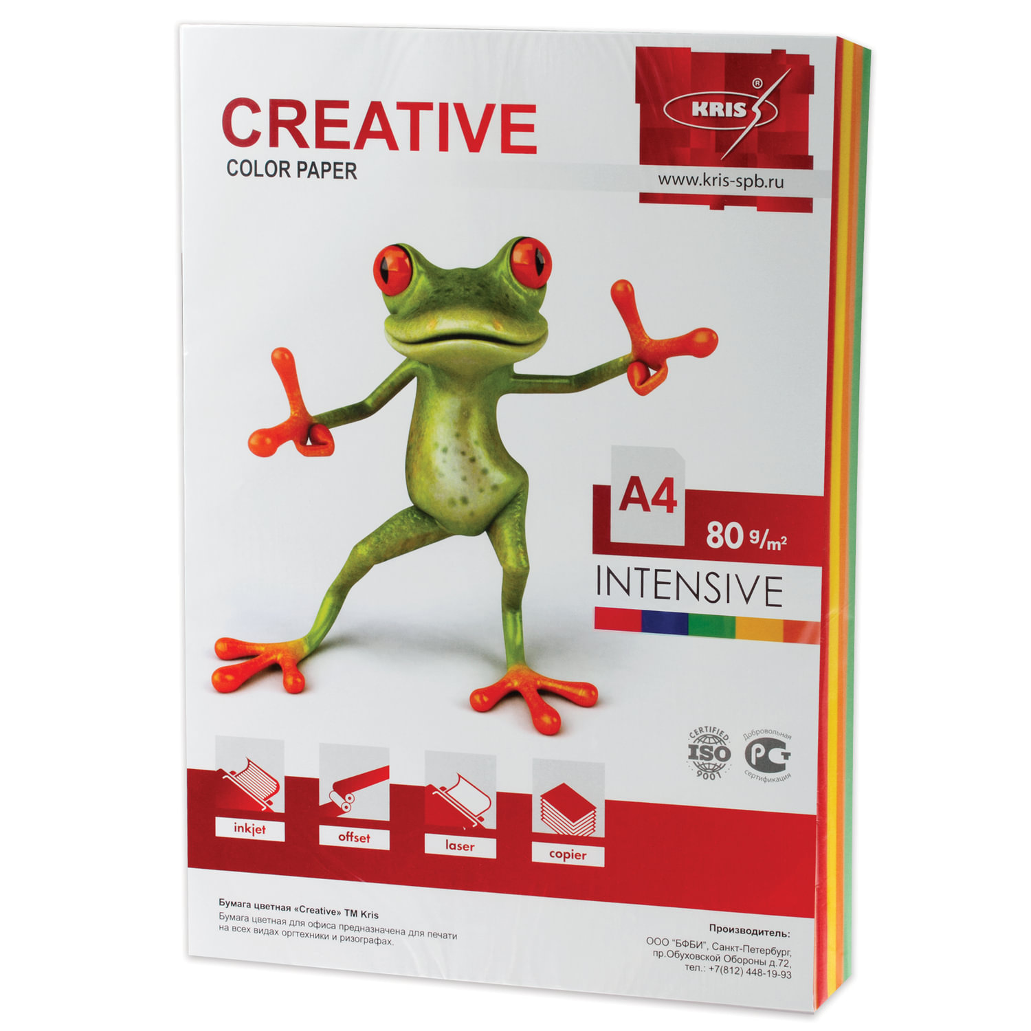 Бумага цветная CREATIVE color, А4, 80 г/м2, 100 л., (5 цветов х 20 л.), микс интенсив, БИpr-100r Ракурс № 0