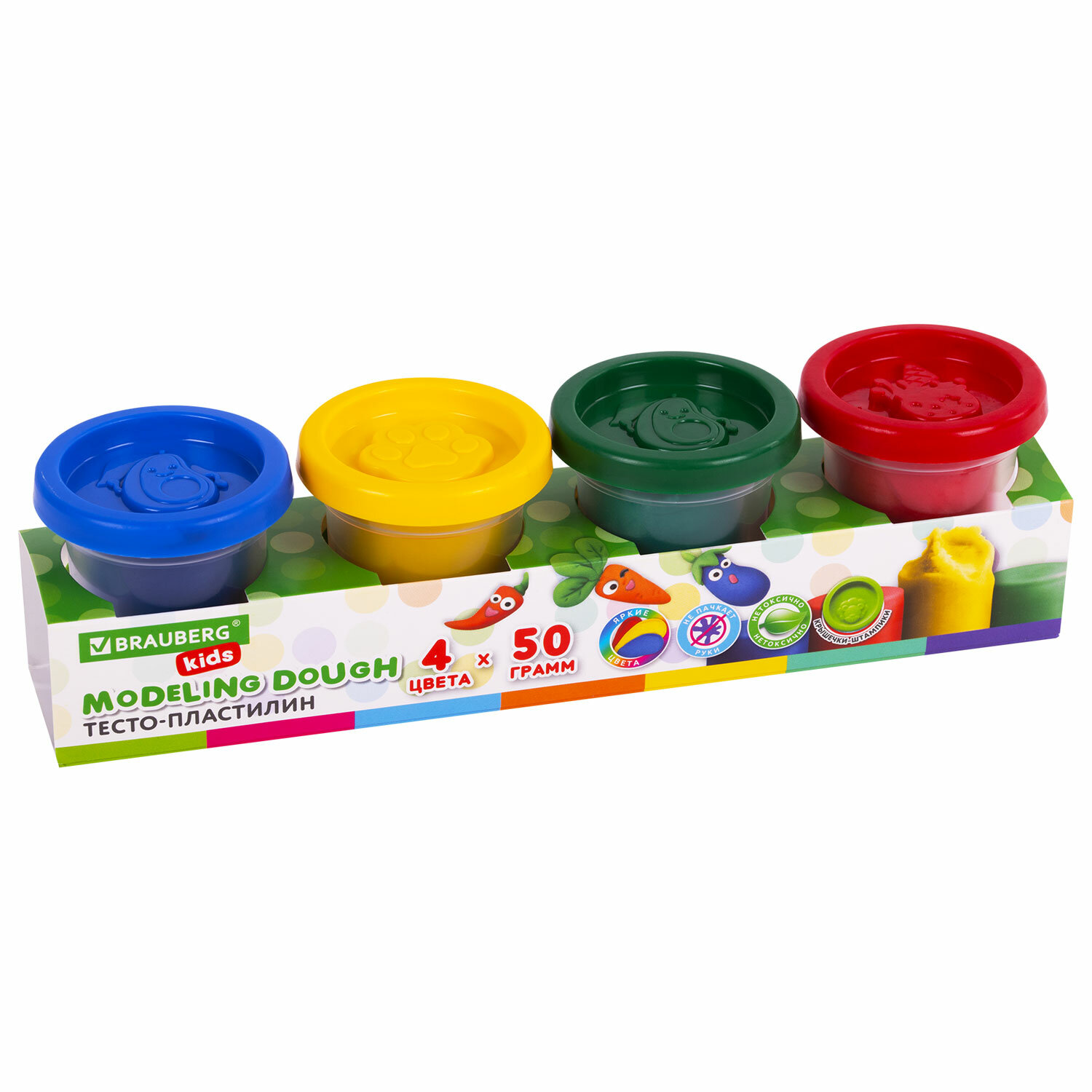 Пластилин-тесто для лепки BRAUBERG KIDS, 4 цвета, 200 г, яркие классические цвета, крышки-штампики, 106714 Ракурс № 0