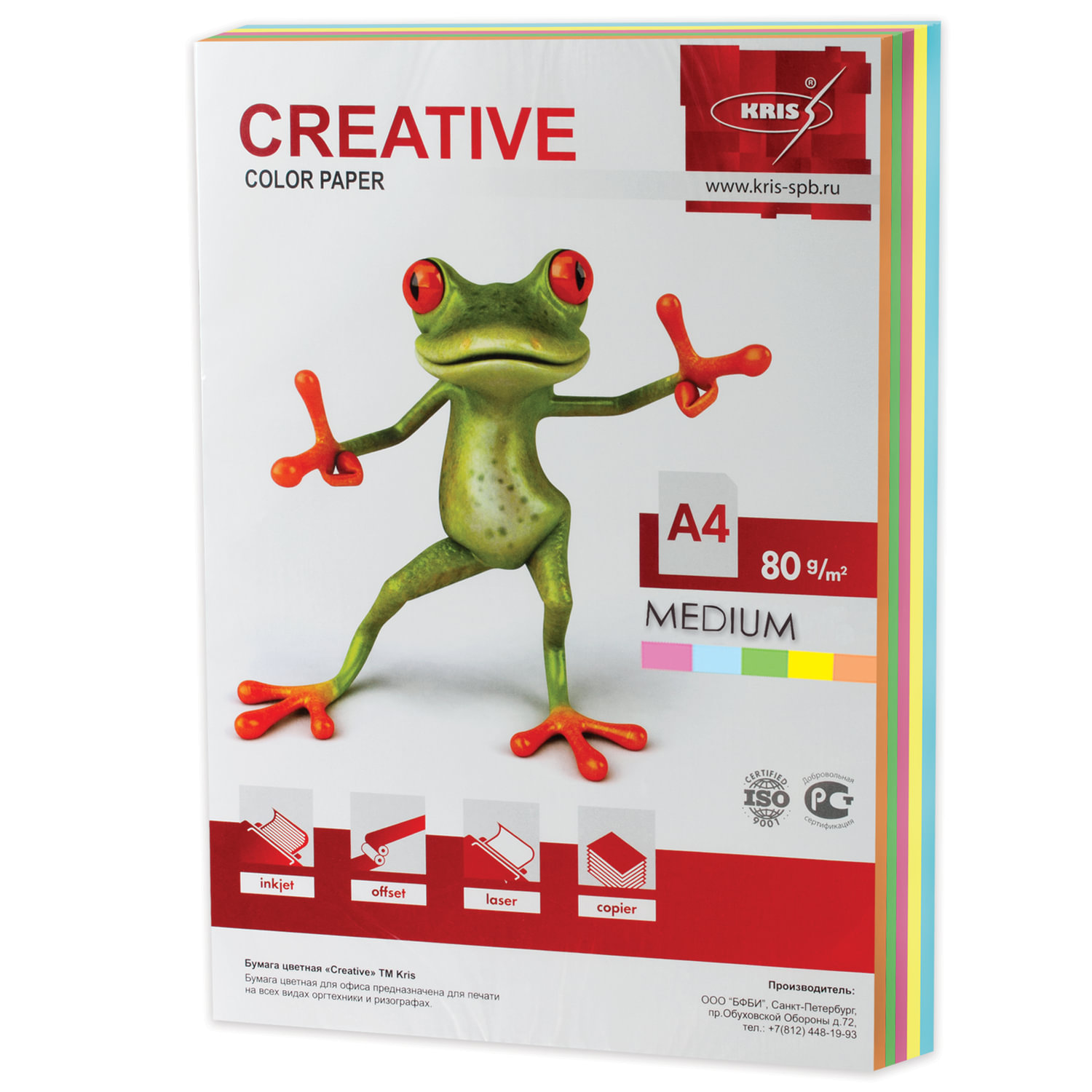 Бумага цветная CREATIVE color, А4, 80 г/м2, 250 л., (5 цветов х 50 л.), микс медиум, БОpr-250r Ракурс № 0