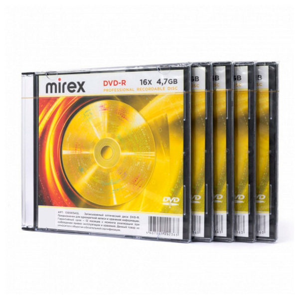 Диск DVD-R MIREX, 4,7 ГБ, 16x, Slim Case, КОМПЛЕКТ 5 шт., UL130003A1F Ракурс № 3