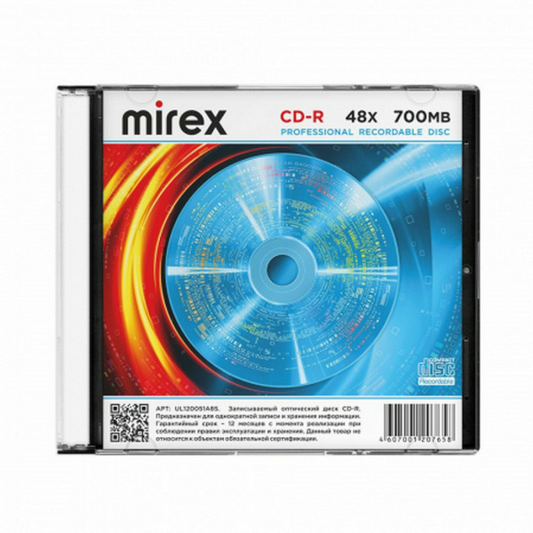 Диск CD-R MIREX, 700 Мб, 48x, Slim Case, 1 штука, UL120051A8S Ракурс № 0