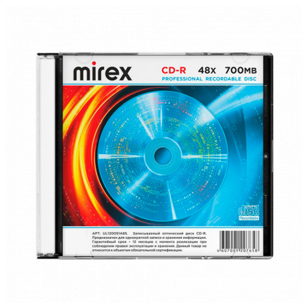 Диск CD-R MIREX, 700 Мб, 48x, Slim Case, КОМПЛЕКТ 5 шт., UL120051A8F Ракурс № 4