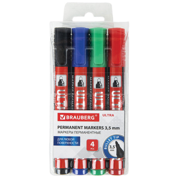 Маркеры перманентные BRAUBERG ULTRA MARKER, НАБОР 4 ЦВЕТА, круглый наконечник 3,5 мм, 152208 Ракурс № 1