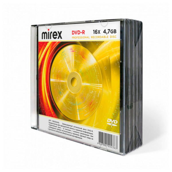 Диск DVD-R MIREX, 4,7 ГБ, 16x, Slim Case, КОМПЛЕКТ 5 шт., UL130003A1F Ракурс № 0