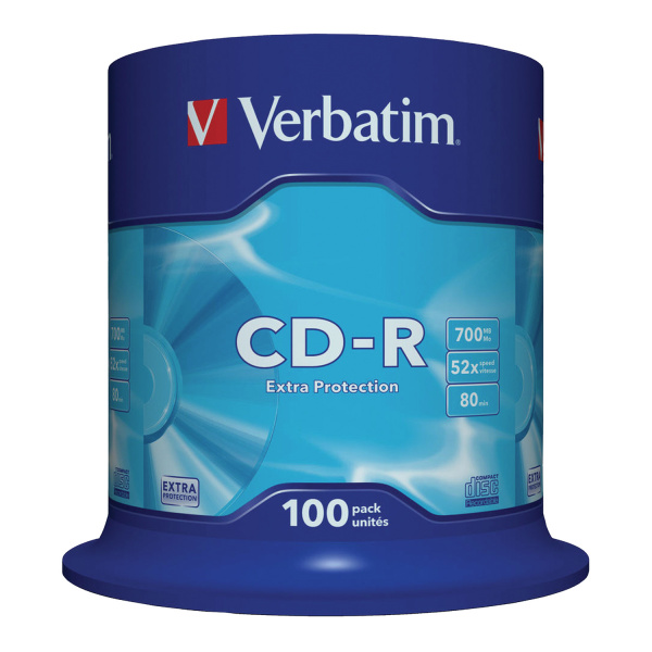 Диск CD-R VERBATIM 700 Mb 52х Cake Box (упаковка на шпиле), КОМПЛЕКТ 100 шт., 43411 Ракурс № 0