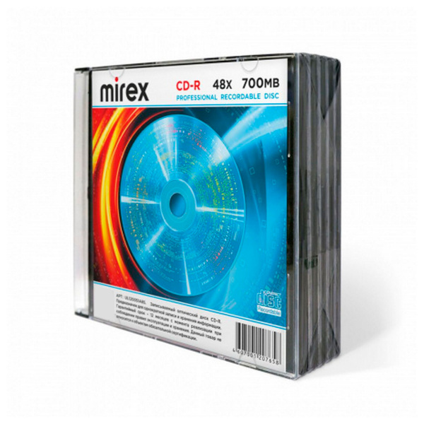 Диск CD-R MIREX, 700 Мб, 48x, Slim Case, КОМПЛЕКТ 5 шт., UL120051A8F Ракурс № 0