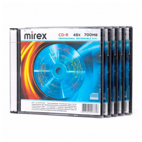 Диск CD-R MIREX, 700 Мб, 48x, Slim Case, КОМПЛЕКТ 5 шт., UL120051A8F Ракурс № 3