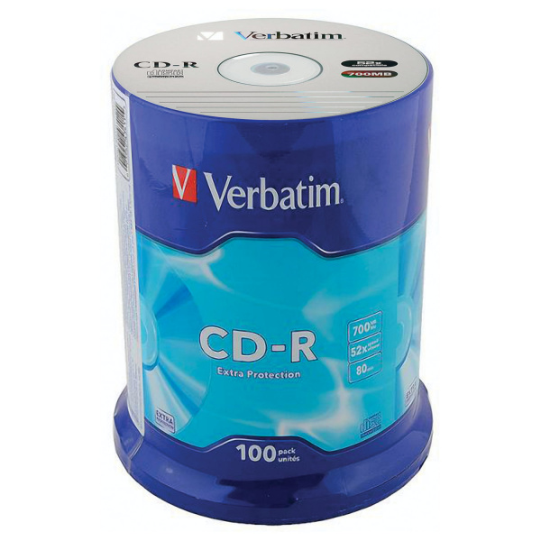 Диск CD-R VERBATIM 700 Mb 52х Cake Box (упаковка на шпиле), КОМПЛЕКТ 100 шт., 43411 Ракурс № 1