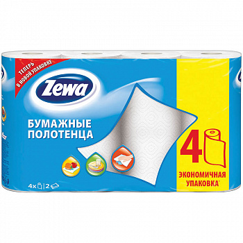 Полотенца бумажные в рулонах Zewa, 2-слойные, 14м/рул, тиснение, белые, 4шт. 144099