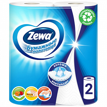 Полотенца бумажные в рулонах Zewa, 2-слойные, 15м/рул, тиснение, белые, 2шт. 144001